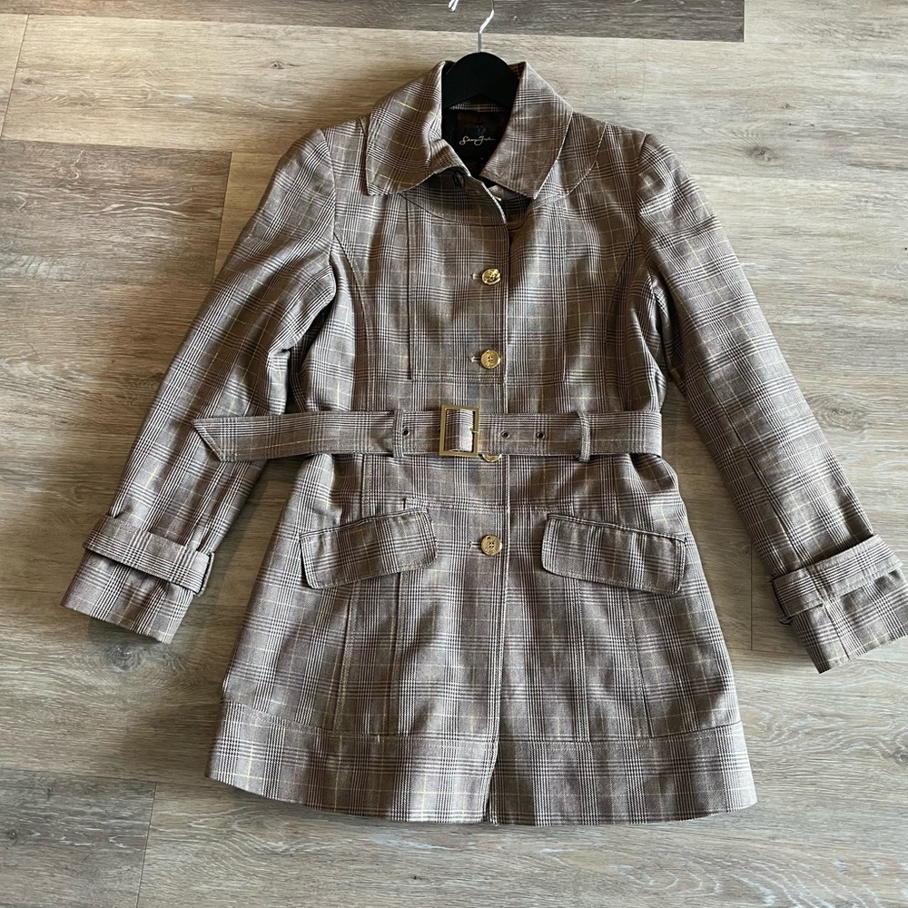 Women’s Plaid Sean John Lined Coat, 99% Cotton, Khaki/Gold
